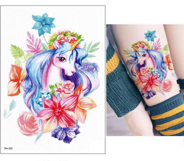 New Cartoon Blue Unicorn Fairy Tales Temporary Tattoo For Children Kids Waterproof Flash Tattoo Sticker Girl Baby Body Art Horse