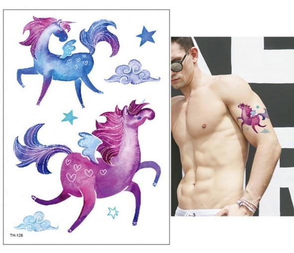 New Cartoon Blue Unicorn Fairy Tales Temporary Tattoo For Children Kids Waterproof Flash Tattoo Sticker Girl Baby Body Art Horse