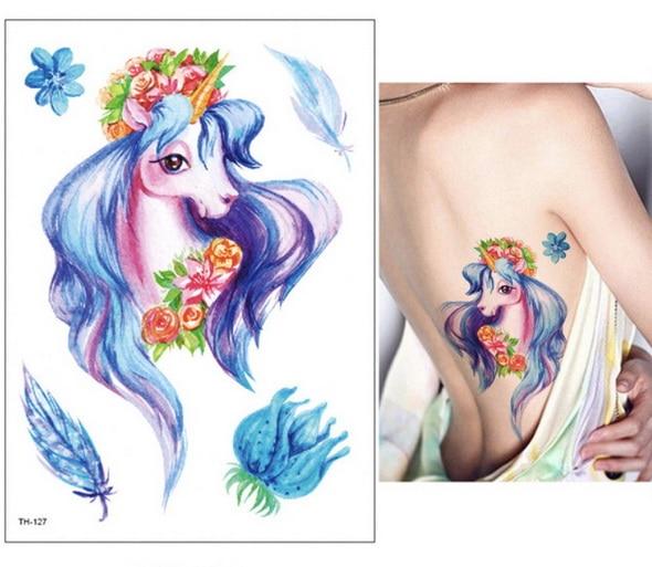 New Cartoon Blue Unicorn Fairy Tales Temporary Tattoo For Children Kids Waterproof Flash Tattoo Sticker Girl Baby Body Art Horse