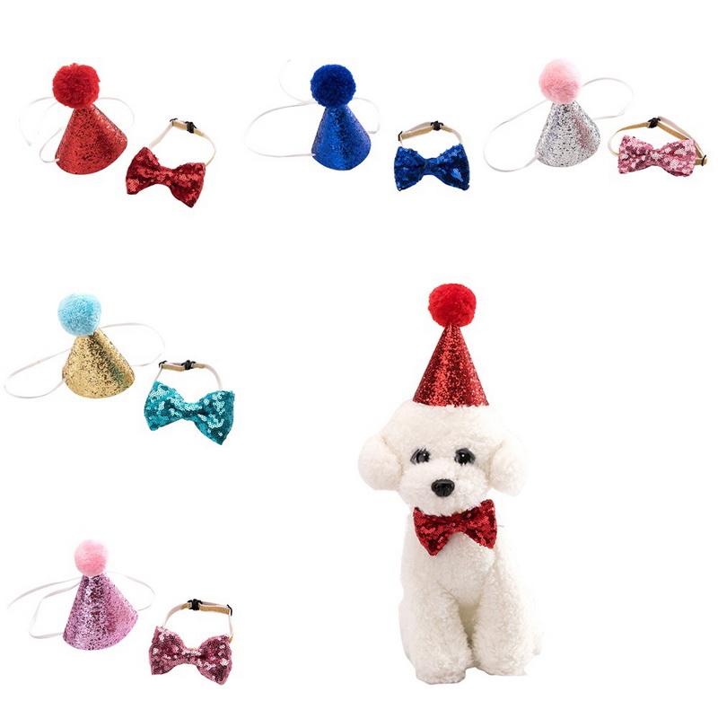 HOT Pet Dog Cat Birthday Party Hat Bowknot Cosplay Cute Bow Tie Headwear Sequin Design Cap Pets Accessories Christmas Santa Hats