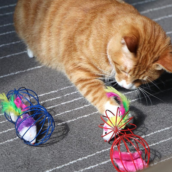 Cat Toy Iron Cage Mouse Feather Plush Mouse Cat Toys Interactive Kitten Playing Funny Mice Mouse Toys For Cats Pet Animals
