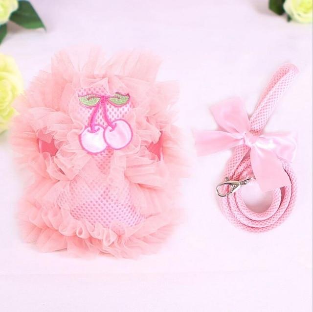 Pink Purple Princess Lace Cherry Pet Dog Harness Leash Set Breathable Pet Harness for Small Dog Pet XS S M L XL