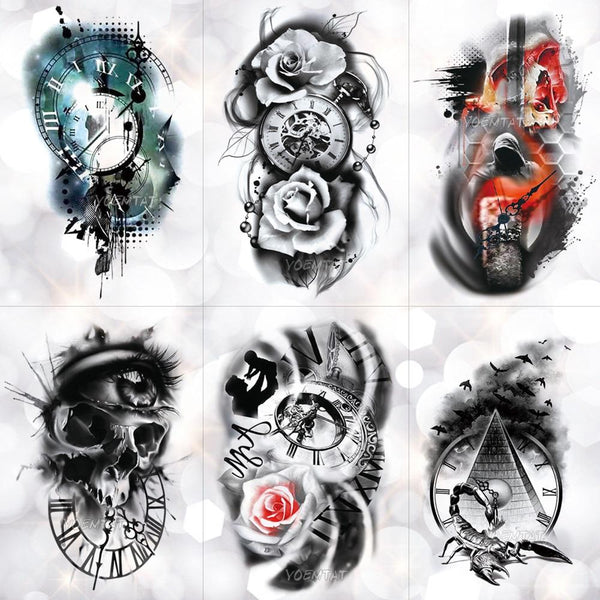 Family Rose Time clock Skull Temporary Tattoo Sticker Scorpion Tower Waterproof Tattoos Body Art Arm Fake Tatoo Men Wo