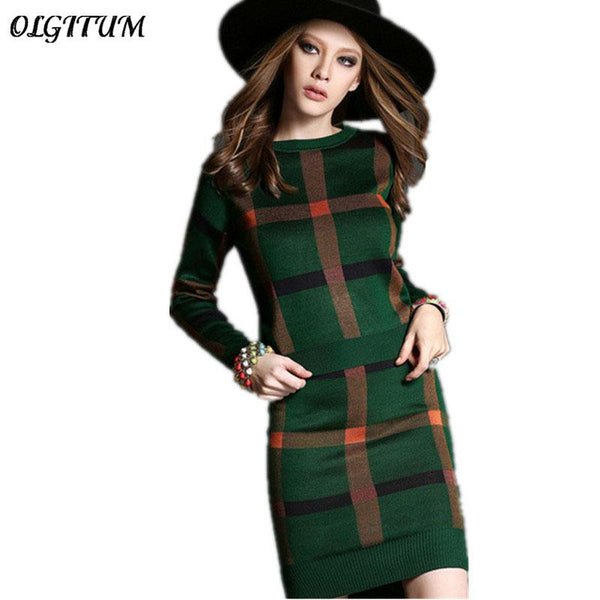 2019 new fashion women long-sleeved plaid female package hip skirt knitted suits women sets hot sale