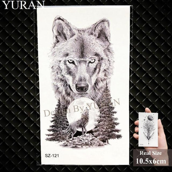 YURAN Men Fashion Black Tattoo Stickers Little Peak Wolf Temporary Tattoo Women Body Art Painting Forearm Waterproof Tatoos Moon