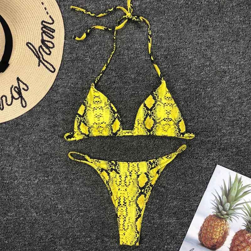 2019 New High Waist Bikini set Yellow Bandeau Swimsuit Sexy Print Thong Bikini Women Swimwear Two-pieces Bather Bathing Suit