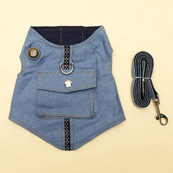 Denim Dog Vest Harness Leash Set Stars for Small Medium Dogs Jeans Clothes Coat Apparel Wear Teddy Terrier Puppy Pet Supplies
