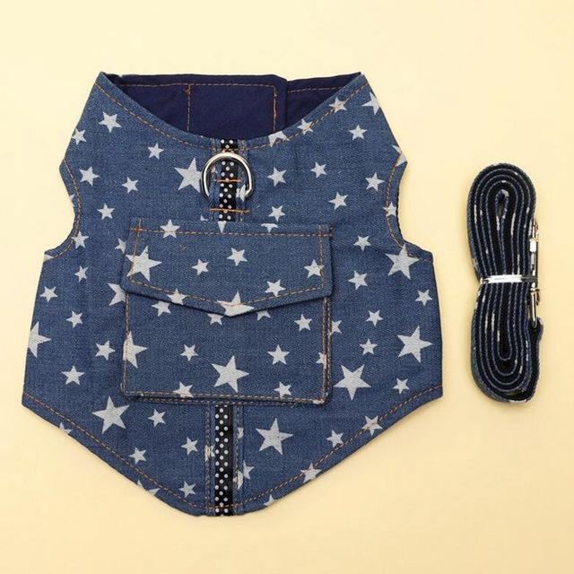 Denim Dog Vest Harness Leash Set Stars for Small Medium Dogs Jeans Clothes Coat Apparel Wear Teddy Terrier Puppy Pet Supplies