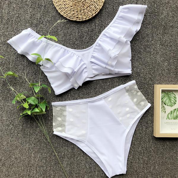 Lace Swimsuit Ruffles Swimwear Solid Bikini Set Push Up Bikini 2019 High Waist Swimming Suit Sexy Halter Bathing Suit Women Suit