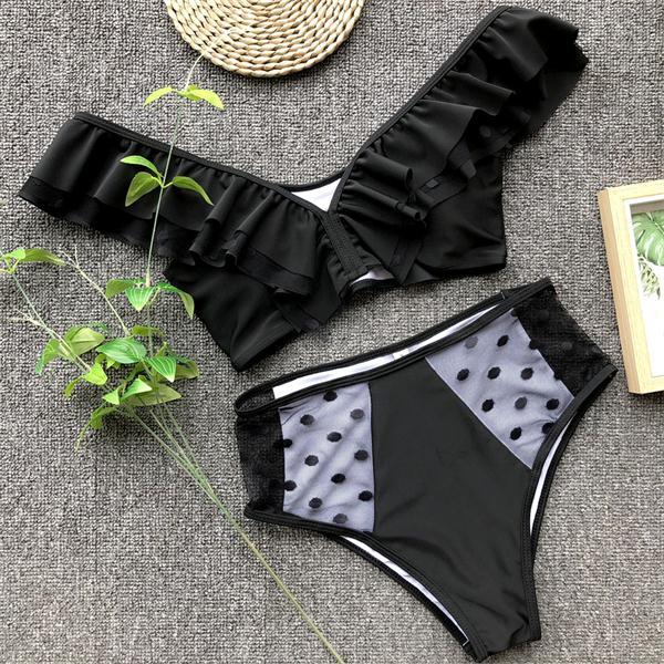 Lace Swimsuit Ruffles Swimwear Solid Bikini Set Push Up Bikini 2019 High Waist Swimming Suit Sexy Halter Bathing Suit Women Suit