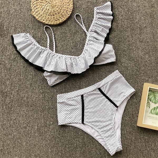 Lace Swimsuit Ruffles Swimwear Solid Bikini Set Push Up Bikini 2019 High Waist Swimming Suit Sexy Halter Bathing Suit Women Suit
