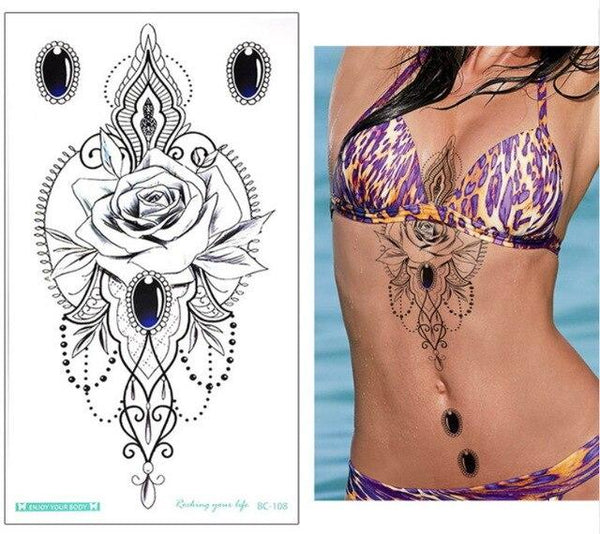 New designs Chest Flash Tattoo large rose flower dragonfly shoulder arm Sternum tattoos henna body/back paint Under breast skull