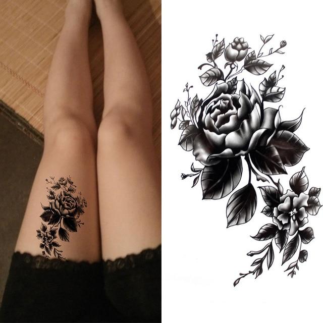 Black big flower Body Art Waterproof Temporary Sexy tattoos hand drawing rose For Woman Flash Tattoo Stickers 10*20CM KD1155