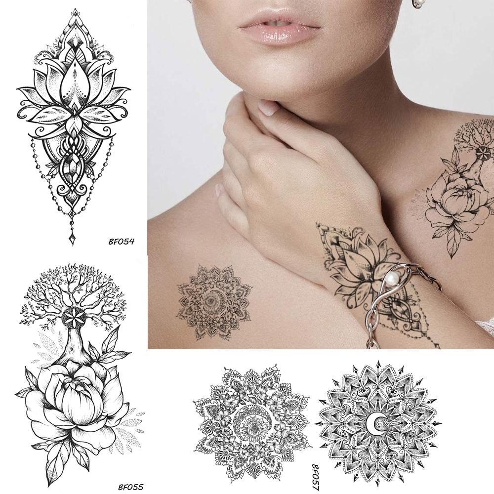 Women Sexy Henna Flower Temporary Tattoo Stickers Black Waterproof Fake Jewelry Tatoos Buddhist Lotus Tree Body Art Tattoo Lace