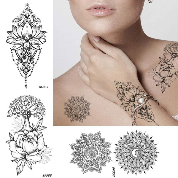 Women Sexy Henna Flower Temporary Tattoo Stickers Black Waterproof Fake Jewelry Tatoos Buddhist Lotus Tree Body Art Tattoo Lace
