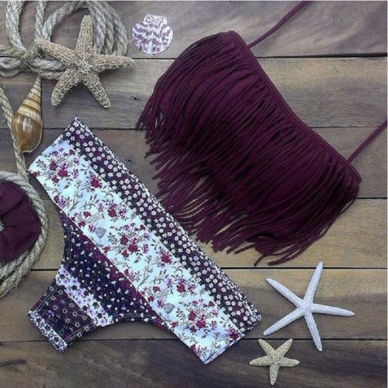 2019 New Swimwear Women Bikini Fringed Tassel Swimsuits Bathing Suit Push Up Bikini Set Plus Size Swimwear Female Biquinis