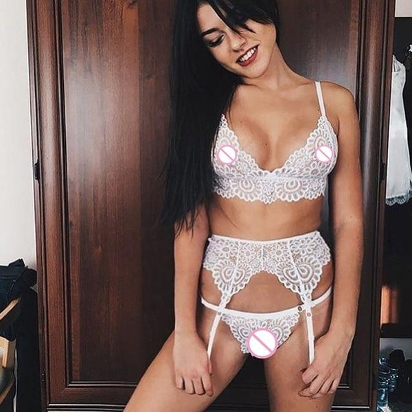 CDJLFH 3pc Set Women Transparent Black Sexy Lingerie Lace Hot Erotic Underwear Babydoll