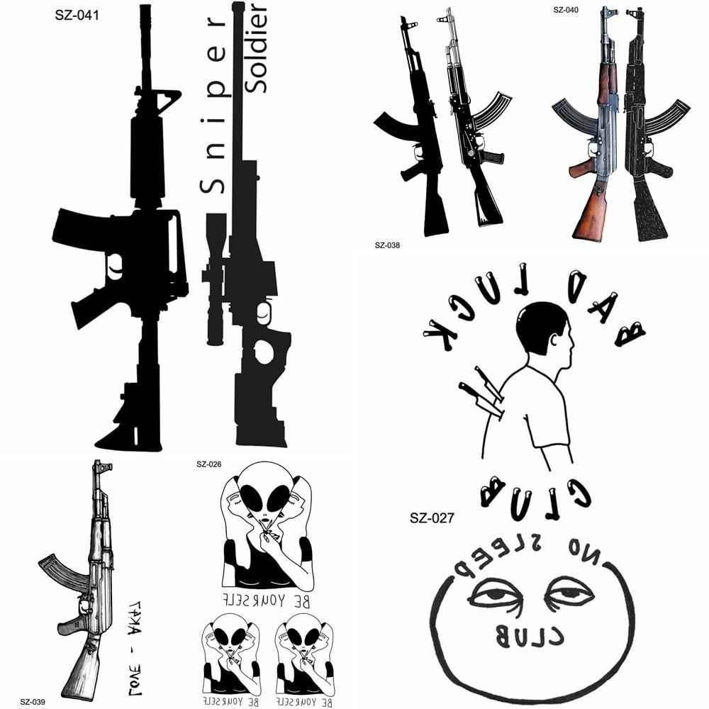 YURAN New Black Gun Men Fashoin Tattoo Stickers Women Body Arm Temporary Tattoo AK Rifle Waterproof Tatoos Sniper Transferable
