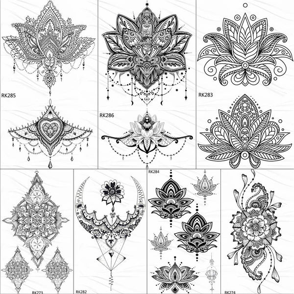 OMMGO Black Henna Arm Tattoo Mandala Flower Temporary Tattoos For Women Female Girls Sticker Fake Tattoo Mehndi Custom Tatoos