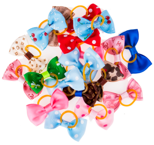 20Pcs Cute Ribbon Pet Grooming Accessories Handmade Small Dog Cat Hair Bows With Elastic Rubber Band Mix Color