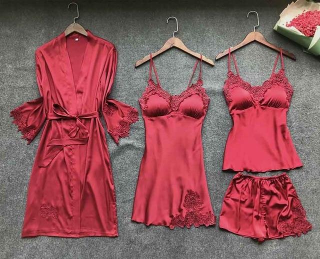 New Sexy Women Robe & Gown Sets Lace Bathrobe + Night Dress Two Pieces Sleepwear Womens Sleep Set Faux Silk Robe Femme Linge