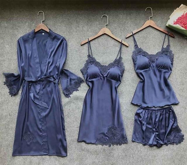 New Sexy Women Robe & Gown Sets Lace Bathrobe + Night Dress Two Pieces Sleepwear Womens Sleep Set Faux Silk Robe Femme Linge