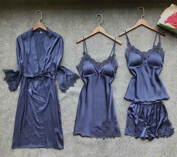 New Sexy Women Robe & Gown Sets Lace Bathrobe + Night Dress Two Pieces Sleepwear Womens Sleep Set Faux Silk Robe Femme Linge