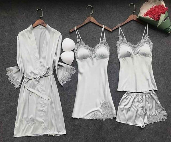 New Sexy Women Robe & Gown Sets Lace Bathrobe + Night Dress Two Pieces Sleepwear Womens Sleep Set Faux Silk Robe Femme Linge