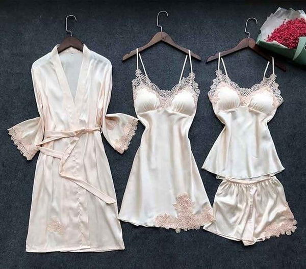 New Sexy Women Robe & Gown Sets Lace Bathrobe + Night Dress Two Pieces Sleepwear Womens Sleep Set Faux Silk Robe Femme Linge