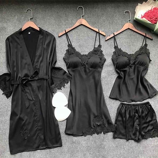 New Sexy Women Robe & Gown Sets Lace Bathrobe + Night Dress Two Pieces Sleepwear Womens Sleep Set Faux Silk Robe Femme Linge