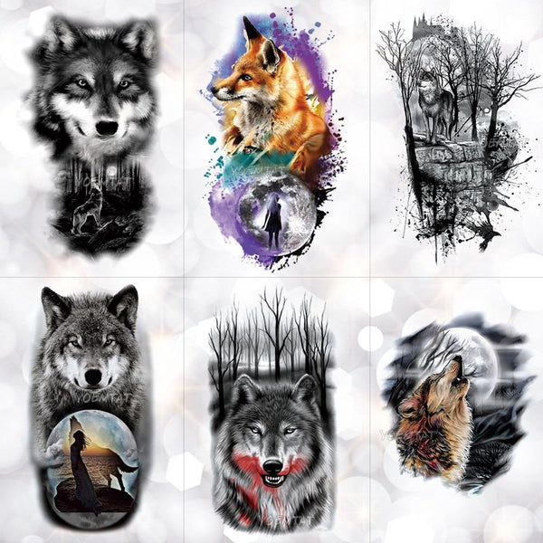 Tribal Wolf Moon Pine Tree Temporary Tattoo Sticker Fox Waterproof Tattoos Forest Body Art Arm Fake Tatoo Men Women