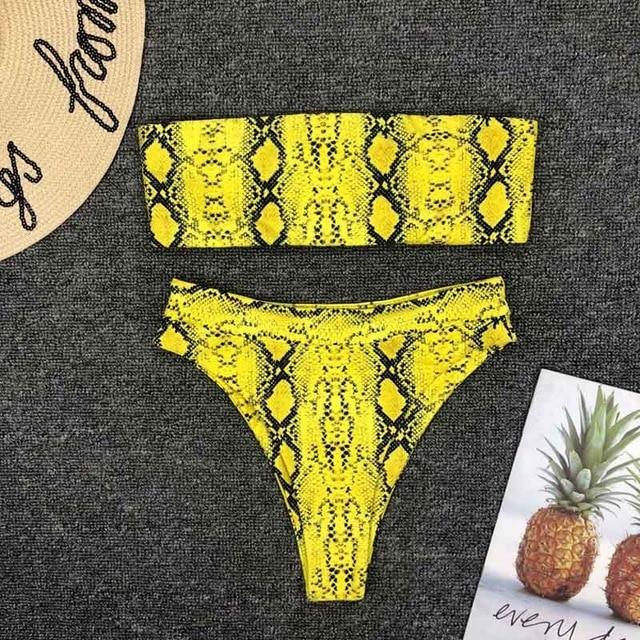 2019 New High Waist Bikini set Yellow Bandeau Swimsuit Sexy Print Thong Bikini Women Swimwear Two-pieces Bather Bathing Suit