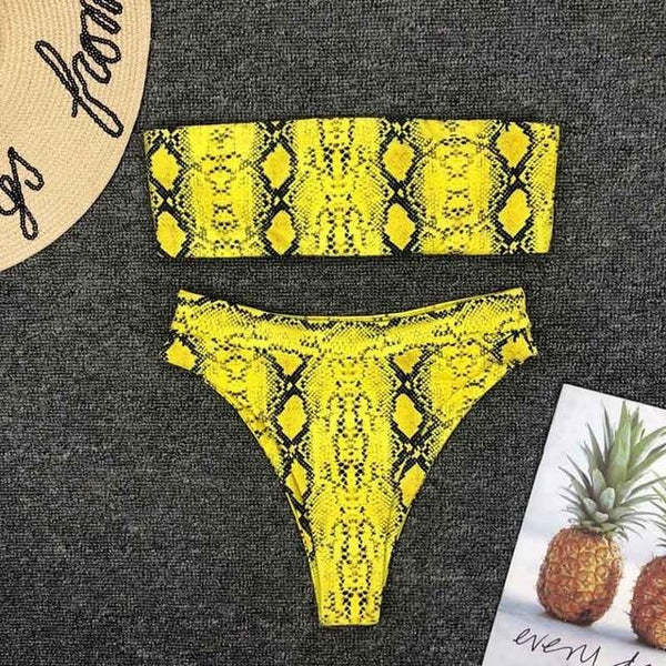 2019 New High Waist Bikini set Yellow Bandeau Swimsuit Sexy Print Thong Bikini Women Swimwear Two-pieces Bather Bathing Suit