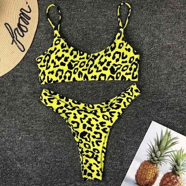2019 New High Waist Bikini set Yellow Bandeau Swimsuit Sexy Print Thong Bikini Women Swimwear Two-pieces Bather Bathing Suit
