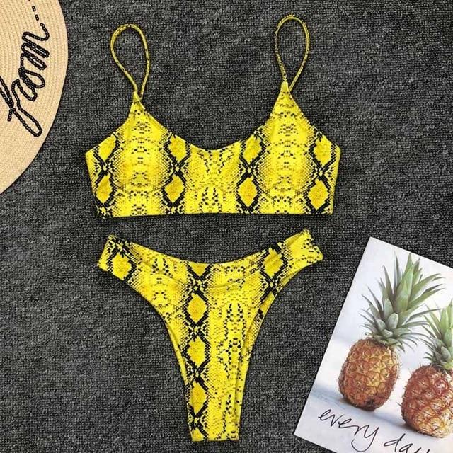 2019 New High Waist Bikini set Yellow Bandeau Swimsuit Sexy Print Thong Bikini Women Swimwear Two-pieces Bather Bathing Suit