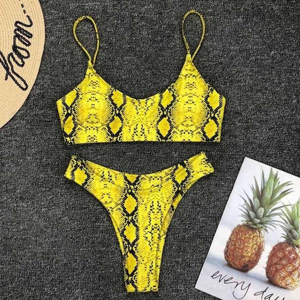 2019 New High Waist Bikini set Yellow Bandeau Swimsuit Sexy Print Thong Bikini Women Swimwear Two-pieces Bather Bathing Suit