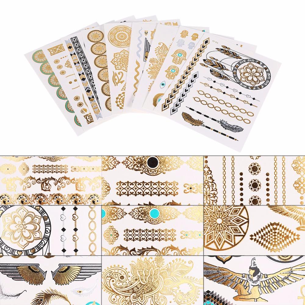 9Pcs Sheets Tattoo Stickers Temporary Tattoo Disposable Metallic Golden Silver Black Flash Tattoo Accessories Tattoo Stickers