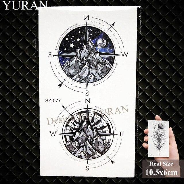 YURAN Black Mountain River Geometric Tattoo Stickers Women Body Arm Moon Temporary Tattoo Men Ankle Wolf Round Fake Tatoo 3D