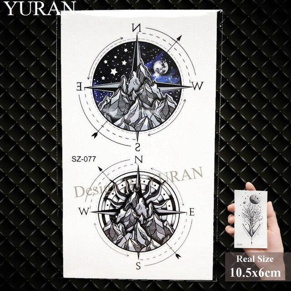 YURAN Black Mountain River Geometric Tattoo Stickers Women Body Arm Moon Temporary Tattoo Men Ankle Wolf Round Fake Tatoo 3D