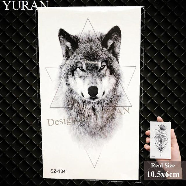 YURAN Black Mountain River Geometric Tattoo Stickers Women Body Arm Moon Temporary Tattoo Men Ankle Wolf Round Fake Tatoo 3D