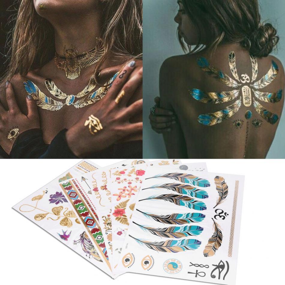5pcs Mixed Metallic Flash Tattoos Sticker Golden Silver Colorful Pattern Temporary Disposable Tattoo Body Art Stickers Decal