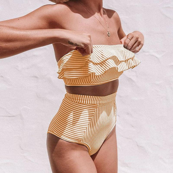 VIEUNSTA Women Sexy Strapless Bikini Swimsuit Ruffled High Waist bikini set Swimwear Striped Wrap Female Biquini Bathing suit
