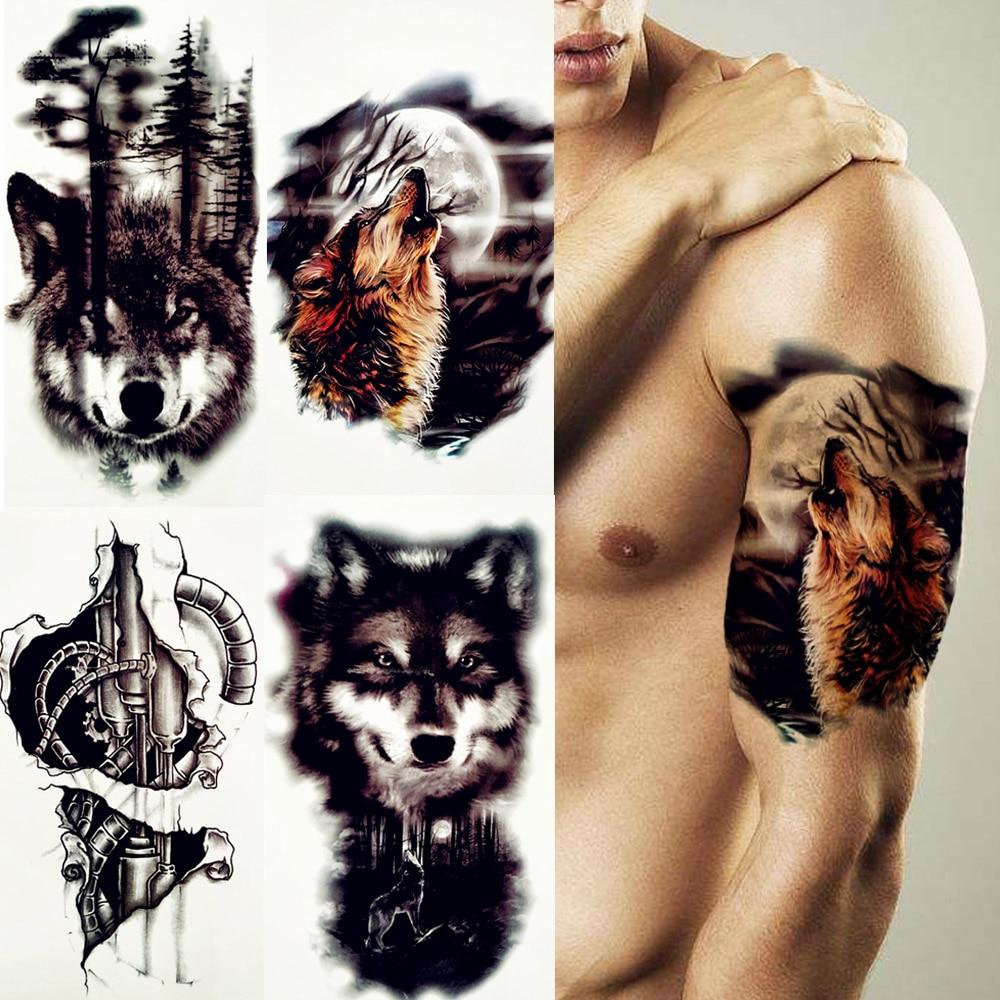 REJASKI Roar Wolf Moon Howl Forest Temporary Tattoo Sticker Arm Waterproof Tattoos Body Art Men Black Fake Tatoo