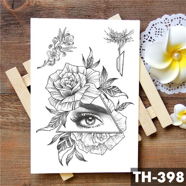 Geometric Flower Rose Eye Leaves Waterproof Temporary Tattoo Sticker Diamond Peony Black Tattoos Body Art Arm Fake Tatoo