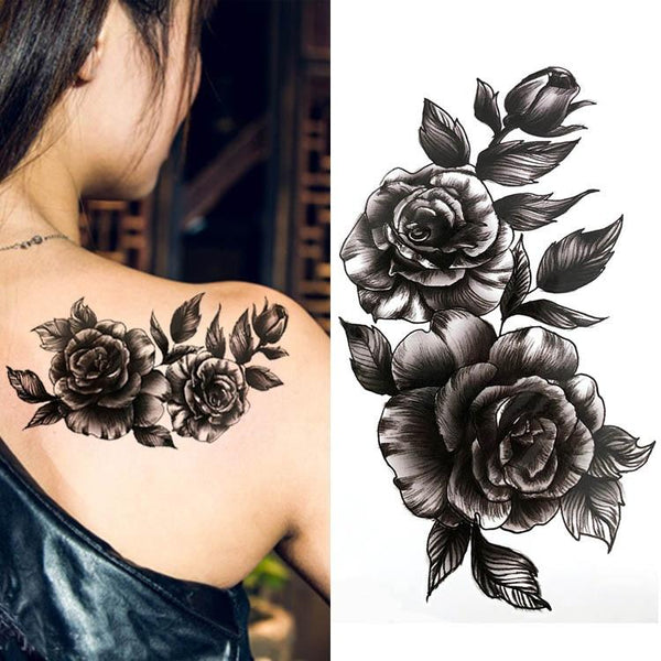Black big flower beautifulred rose flower Body Art Waterproof fake sexy For Woman Flash TemporaryTattoo Stickers 10*20CM KD1140