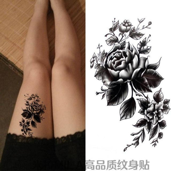 Black big flower beautifulred rose flower Body Art Waterproof fake sexy For Woman Flash TemporaryTattoo Stickers 10*20CM KD1140