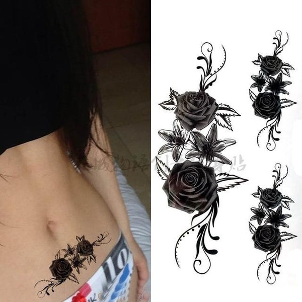 Black big flower beautifulred rose flower Body Art Waterproof fake sexy For Woman Flash TemporaryTattoo Stickers 10*20CM KD1140