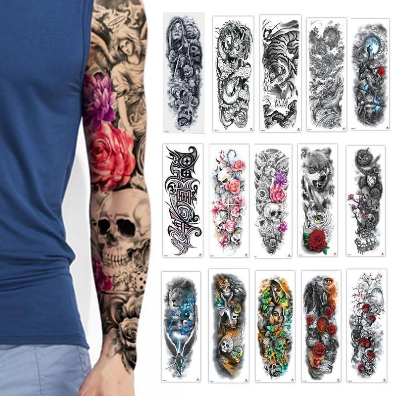 Full Flower Temporary Tattoo Sticker Arm Fake Tattoo Sticker Skull Lion Dragon Body Paint Waterproof Transfer Fake Tattoo Sleeve