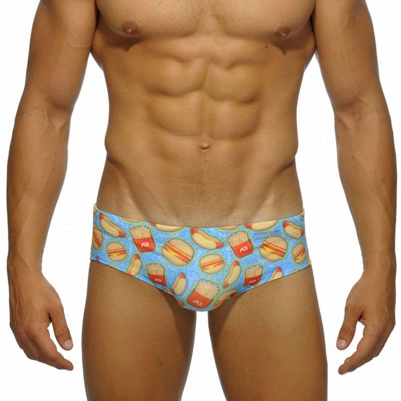 Men Swimwear Sexy Swimming Trunks Briefs Low Waist Mens Food Print Beach Surfing Shorts Swim Trunk Brief Man Swimsuit Beachwear