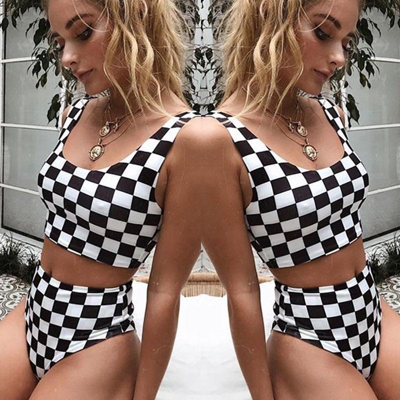 High Waist Swimwear Women Plaid Bathing Suit Two Pieces Swimsuit Tankini Halter Bandeau Beach Wear trajes de bano Mujer Trikinis